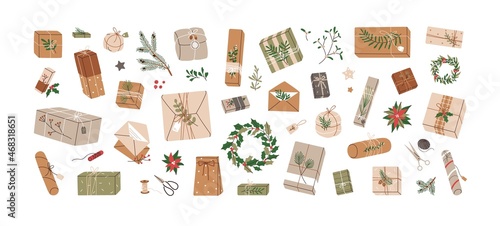 Christmas gifts in kraft paper set. DIY rustic present boxes in craft wrappings with twine bows and branches, Xmas wreaths, envelopes. Colored flat vector illustrations isolated on white background
