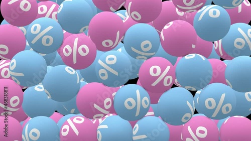 Background for Black Friday, Cyber Monday, holiday sale and season of big discounts. Blue and pink balls with a percent symbol are falling. Seamless loop 3d animation with transparent backdrop.