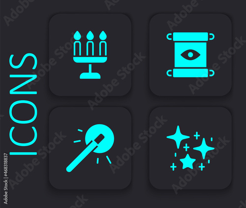 Set Magical glitter particles, Candlestick, scroll and wand icon. Black square button. Vector