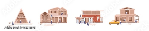Houses construction process. Team of builders build wood homes set. Workers work at private dwelling building, constructing walls and roofs. Flat vector illustrations isolated on white background