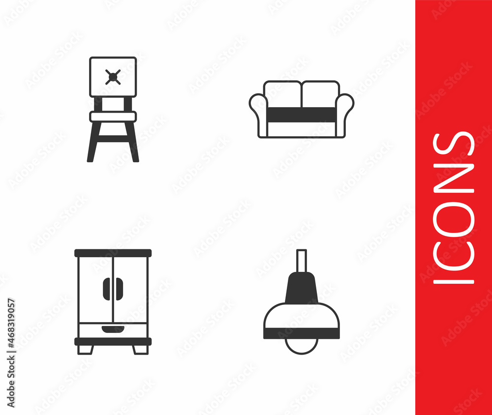 Set Lamp hanging, Chair, Wardrobe and Sofa icon. Vector Set Lamp hanging, Chair, Wardrobe and Sofa icon. Vector