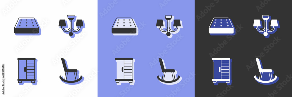 Set Armchair, Mattress, Wardrobe and Chandelier icon. Vector