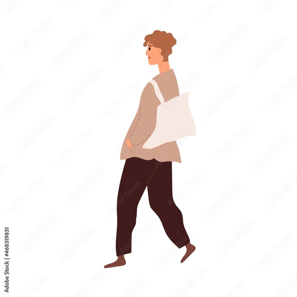 Fototapeta premium Modern man walking with tote bag. Young person going in casual clothes outdoors. Male strolling in trendy outfit with hands in pockets of jacket. Flat vector illustration isolated on white background