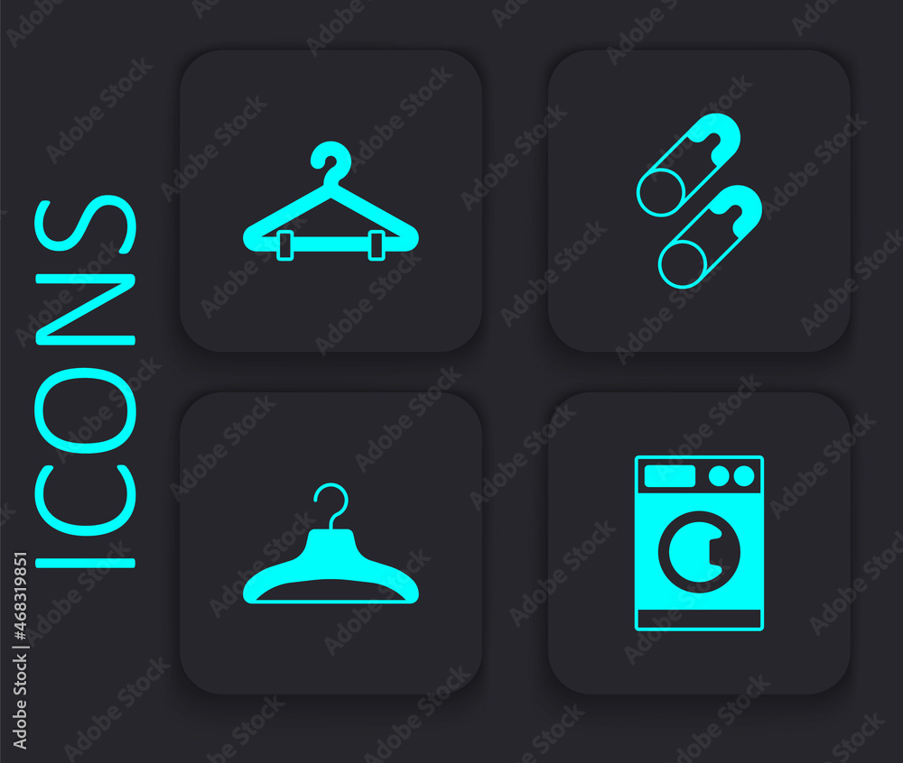 Set Washer, Hanger wardrobe, Closed steel safety pin and icon. Black square button. Vector Set Washer, Hanger wardrobe, Closed steel safety pin and icon. Black square button. Vector