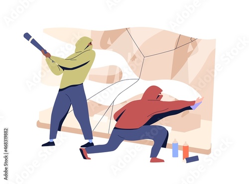 Vandalism concept. Vandals in masks do harm and destroying store showcase. Bullies with bats damaging shop window. Street burglars. Flat vector illustration of hooligans isolated on white background