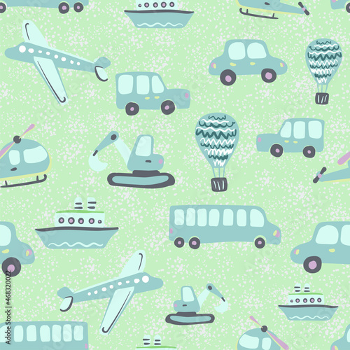 Cute kids vector seamless pattern with hand drawn airplanes, helicopters, cars, buses, ships. Various transport for printing on textiles and paper. Illustration for boys about travel and movement