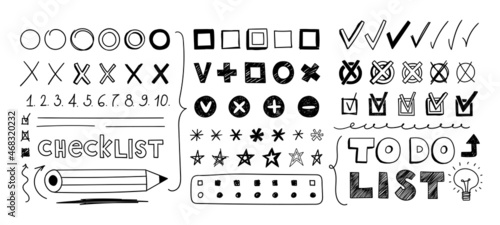 Check marks asterisks checkboxes. Set of doodle checklist, outline and shaded signs and symbols. Hand-drawn Vector illustration of isolated check marks, crosses, brackets on a white background
