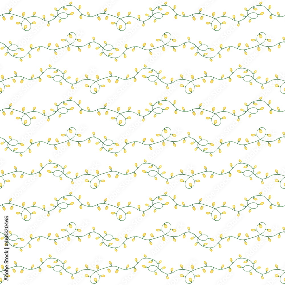Seamless pattern. Garland with glowing bulbs. Christmas decoration. Ready to use ornament for packaging paper. Drawn with colored pencils isolated on a white background.