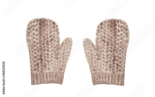 Violet knitted mittens, hand-drawn watercolor illustration isolated on a white background. Clothing and accessories for a winter walk.