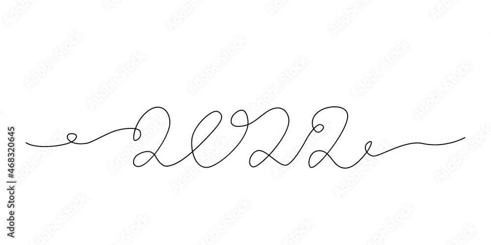 2022, the number of the and New Year. Drawing one line, in continuous line drawing style. Vector illustration isolated on white background