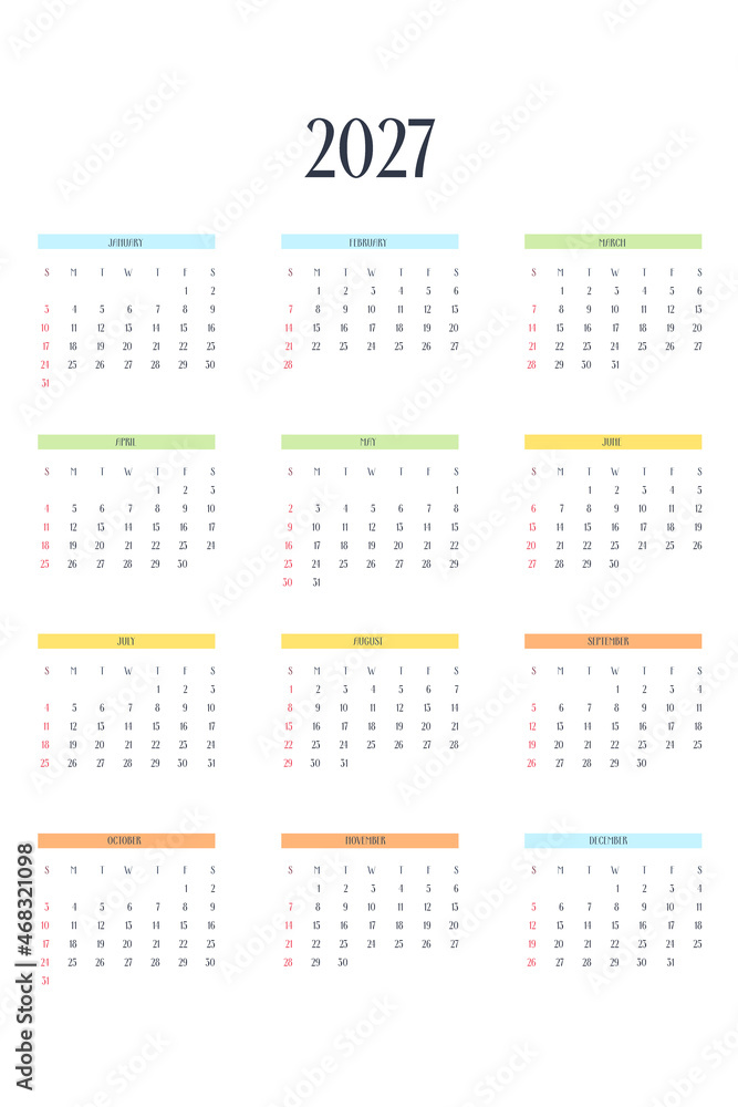 2027 calendar template in classic strict style with multicolor elements. Monthly calendar individual schedule minimalism restrained design for business notebook. Week starts on sunday 2027 calendar template in classic strict style with multicolor elements. Monthly calendar individual schedule minimalism restrained design for business notebook. Week starts on sunday