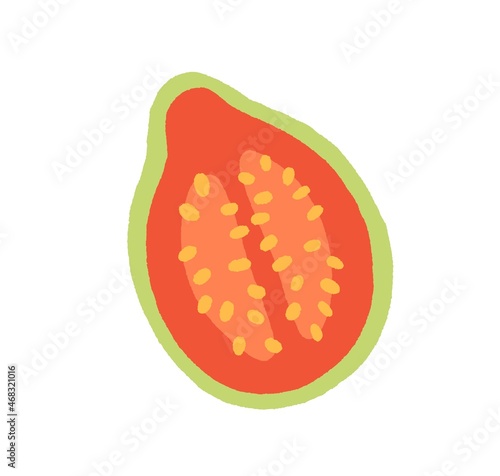 Guava half with pink pulp and skin. Cut piece of exotic fruit, top view. Icon of tropical guajava drawn in doodle style. Fresh vitamin food. Flat vector illustration isolated on white background