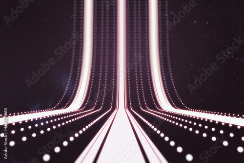 Abstract white digital stripes on blurry dark background. Design and motion concept. 3D Rendering.