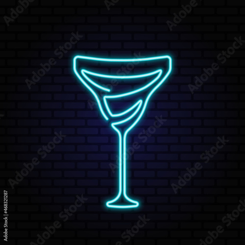 Alcohol cocktail in martini glass. Blue neon sign on dark brick wall. Continuous one line vector icon. Best for web, logo, menu concept, branding design and bar decoration.