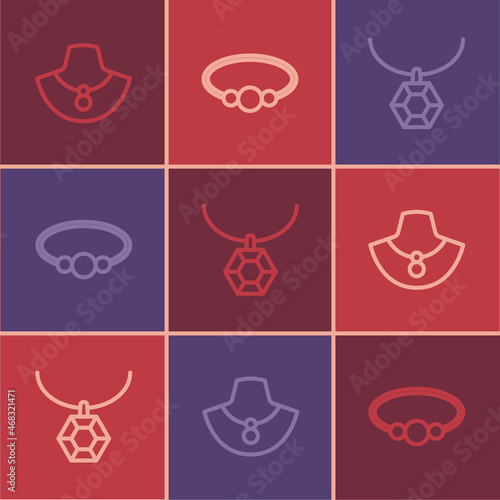 Set line Necklace on mannequin, Pendant necklace and Bracelet jewelry icon. Vector