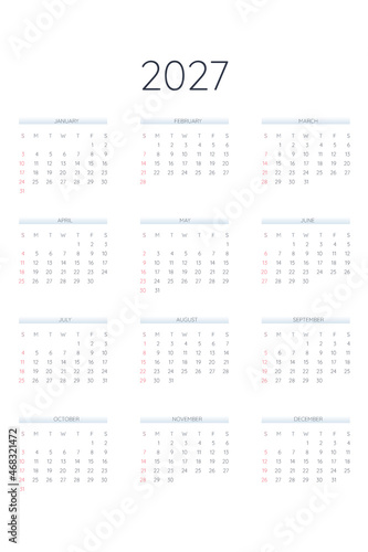 2027 calendar template in classic strict style. Monthly calendar individual schedule minimalism restrained design for business notebook. Week starts on sunday