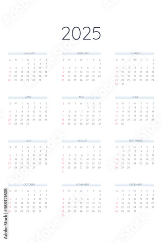 2025 calendar template in classic strict style. Monthly calendar individual schedule minimalism restrained design for business notebook. Week starts on sunday