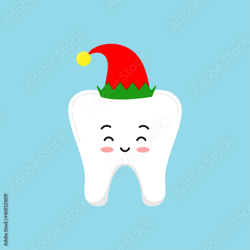 Christmas tooth in cute elf costume with red hat icon in flat cartoon style isolated on background. Happy New Year or xmas costume graphic dentistry design element vector illustration.