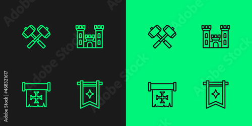 Set line Medieval flag, Crusade, Crossed battle hammers and Castle icon. Vector