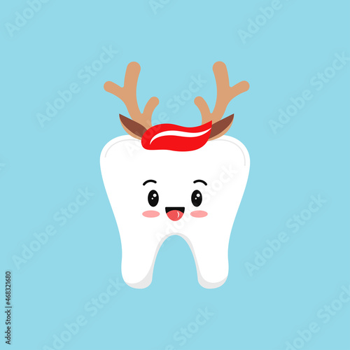 Christmas tooth in reindeer headband with horns and ears icon in flat cartoon style isolated on background. Cute Happy New Year character for dentistry greeting vector illustration. 