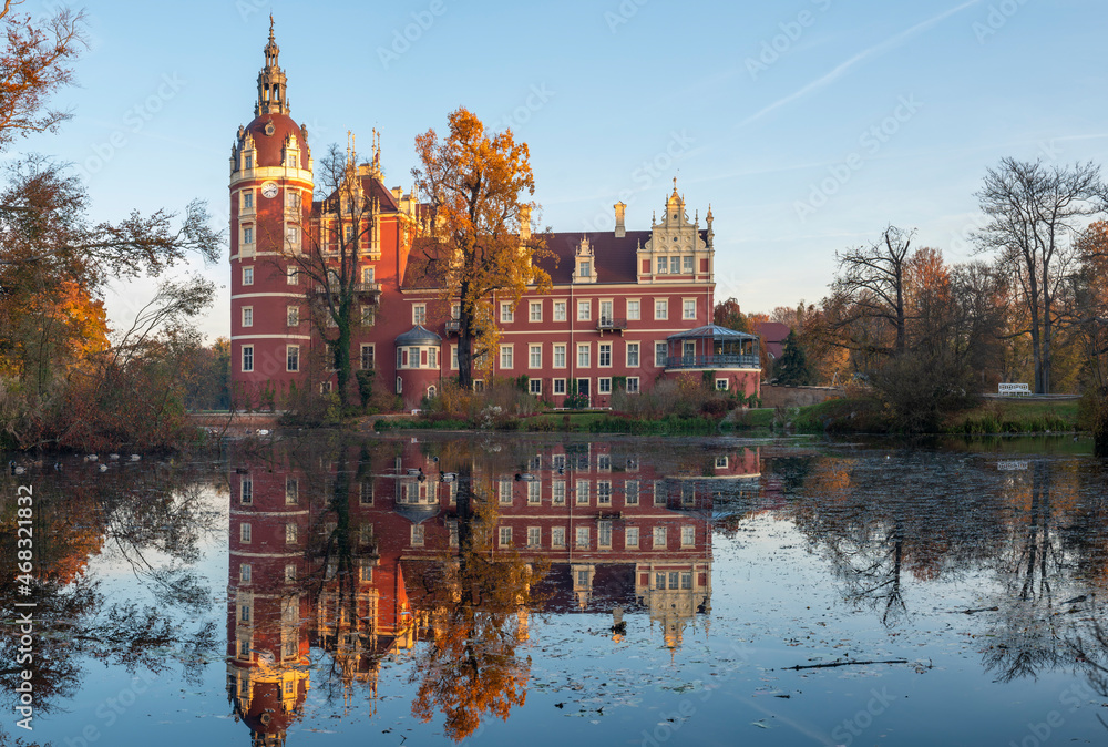 Bad Muskau Castle with a mirror reflection in the lake