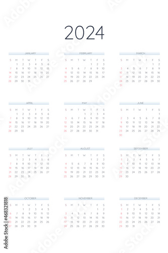 2024 calendar template in classic strict style. Monthly calendar individual schedule minimalism restrained design for business notebook. Week starts on sunday