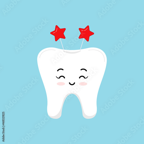 Christmas tooth with headband with stars dental icon isolated on background. Dentist cute white tooth girl character. Flat design cartoon vector dentistry clip art illustration.