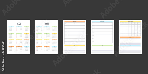 2022 2023 calendar and daily weekly monthly personal planner diary template. Monthly calendar individual schedule minimalism restrained design for business notebook. Week starts on sunday