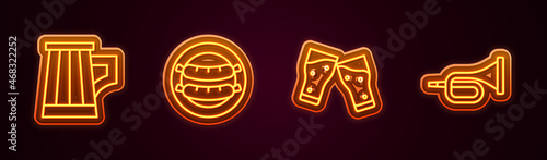 Set line Wooden beer mug, Sausage, Glass of and Trumpet. Glowing neon icon. Vector