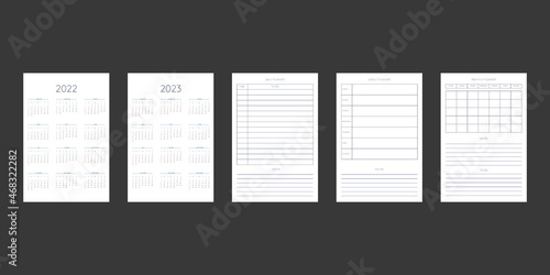 2022 2023 calendar and daily weekly monthly personal planner diary template in classic strict style. Monthly calendar minimalism restrained design for business notebook. Week starts on sunday
