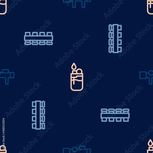 Set line Sniper optical sight, Hunting cartridge belt and Lighter on seamless pattern. Vector