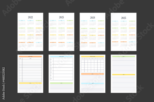 2022 2023 2024 2025 calendar and daily weekly monthly personal planner diary template in classic strict style. Monthly calendar individual schedule minimalism restrained design for business notebook.