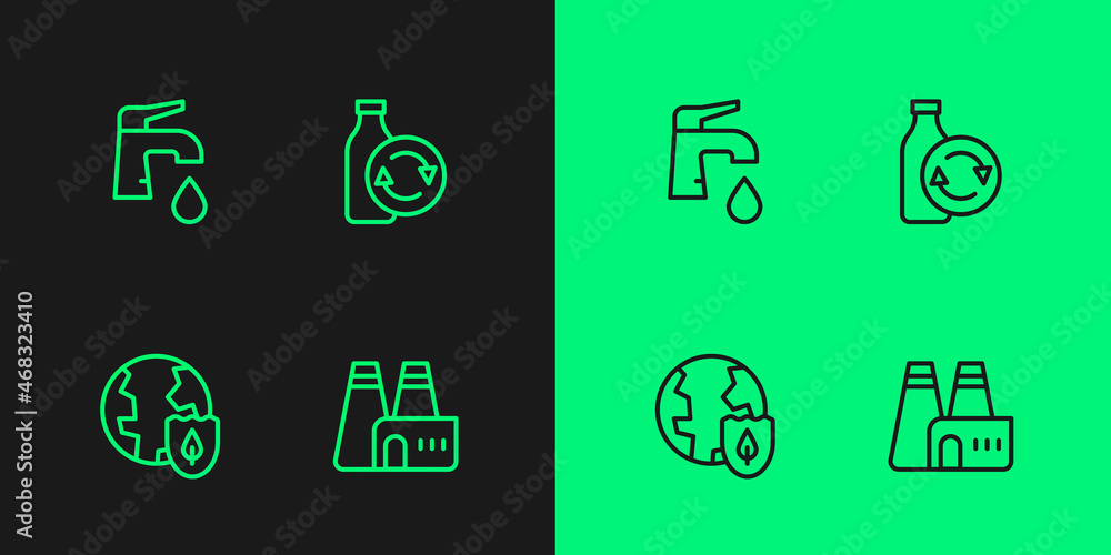 Set line Factory production, Earth with shield, Water tap and Recycling plastic bottle icon. Vector Set line Factory production, Earth with shield, Water tap and Recycling plastic bottle icon. Vector