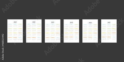 2022 2023 2024 2025 2026 2027 calendar template in classic strict style with multicolor elements. Monthly calendar individual schedule minimalism restrained design for business notebook