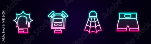 Set line Punch in boxing gloves, Stopwatch, Badminton shuttlecock and Boxing short. Glowing neon icon. Vector