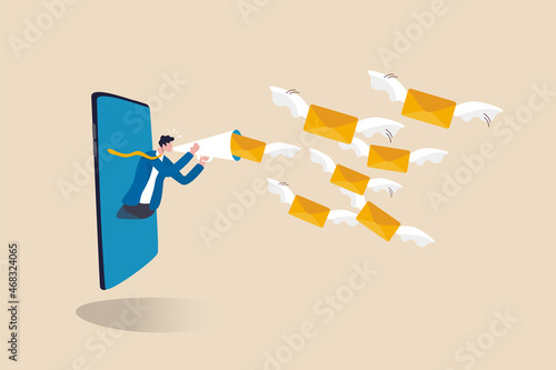 Email marketing campaign, subscription newsletter or online announcement to customer, digital advertising concept, businessman on mobile phone using megaphone to send flying email newsletter online.