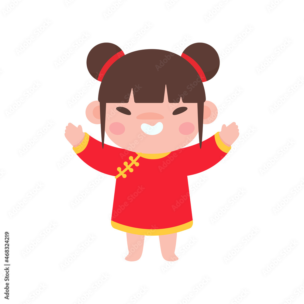 Chinese children wear red national costumes to celebrate Chinese New Year.
