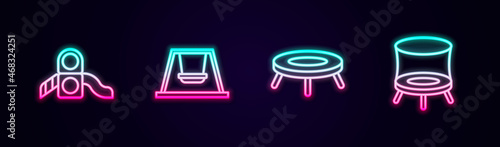 Set line Slide playground, Swing for kids, Jumping trampoline and . Glowing neon icon. Vector