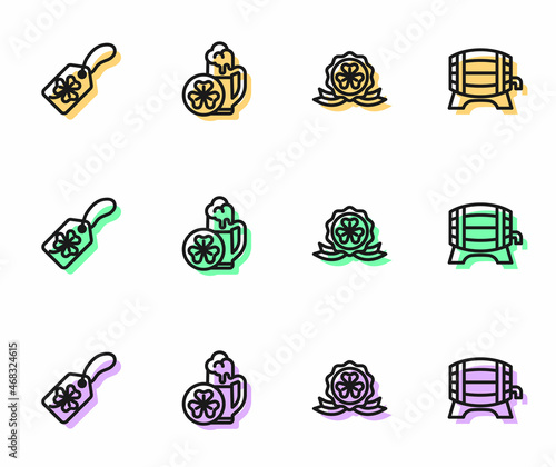 Set line Medal with clover, Clover trefoil leaf tag, Glass of beer and Wooden barrel on rack icon. Vector