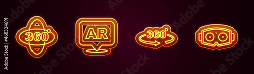 Set line 360 degree view, Augmented reality AR, and Virtual glasses. Glowing neon icon. Vector
