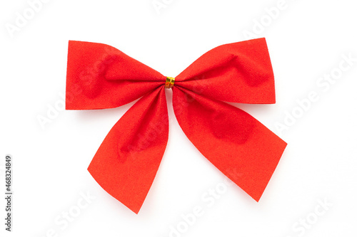 Red bow, bow-knot, isolated on white. Top view.