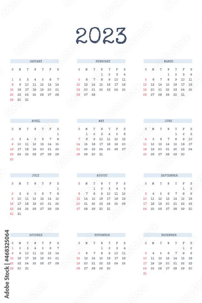 2023 calendar template in classic strict style with type written font. Monthly calendar individual schedule minimalism restrained design for business notebook. Week starts on sunday 2023 calendar template in classic strict style with type written font. Monthly calendar individual schedule minimalism restrained design for business notebook. Week starts on sunday