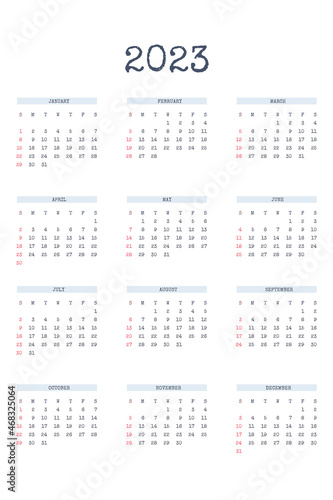 2023 calendar template in classic strict style with type written font. Monthly calendar individual schedule minimalism restrained design for business notebook. Week starts on sunday