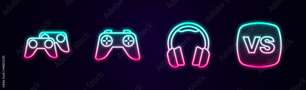 Set line Game controller or joystick, Headphones and VS Versus battle. Glowing neon icon. Vector Set line Game controller or joystick, Headphones and VS Versus battle. Glowing neon icon. Vector
