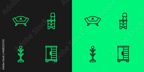 Set line Wardrobe, Coat stand, Sofa and Furniture nightstand with lamp icon. Vector