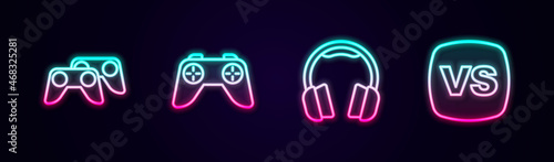 Set line Game controller or joystick, Headphones and VS Versus battle. Glowing neon icon. Vector