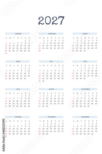 2027 calendar template in classic strict style with type written font. Monthly calendar individual schedule minimalism restrained design for business notebook. Week starts on sunday