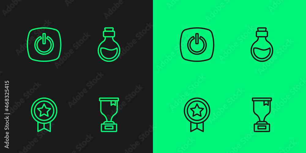 Set line Award cup, Game rating with medal, Power button and Bottle magic elixir icon. Vector Set line Award cup, Game rating with medal, Power button and Bottle magic elixir icon. Vector
