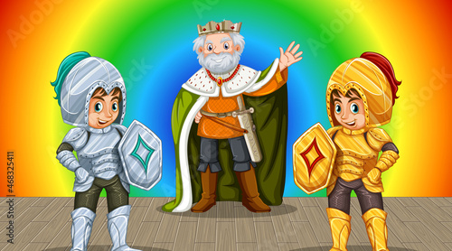 King and two warriors cartoon character on rainbow gradient background