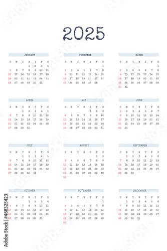 2025 calendar template in classic strict style with type written font. Monthly calendar individual schedule minimalism restrained design for business notebook. Week starts on sunday
